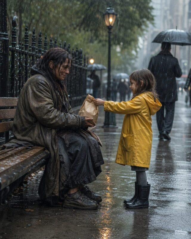 O fetiță mică a alergat spre o femeie fără adăpost și i-a întins o pungă cu mâncare. Dar de îndată ce femeia a ridicat privirea și a văzut cine stătea în fața ei — de șoc, mâinile i-au tremurat, iar punga a căzut pe jos cu un zgomot surd