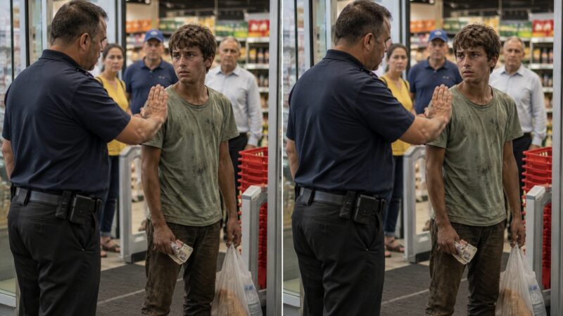 „Hei, tinere, unde crezi că mergi îmbrăcat așa? Aici este un supermarket, nu un șantier!” a spus pe un ton tăios agentul de pază, iar aproape toți clienții s-au întors imediat să-l privească pe băiat